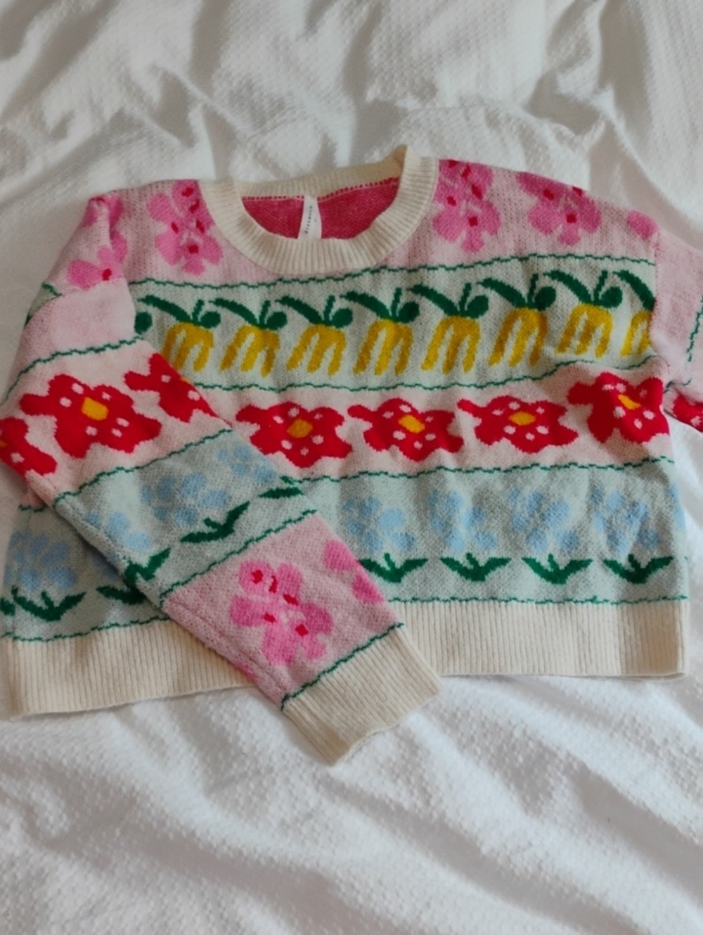 Floral Multi-Color Cropped Crewneck Knit Sweater